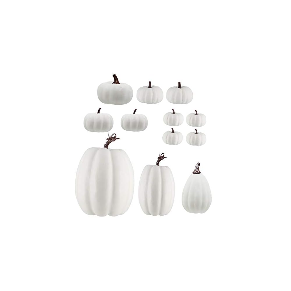 winemana 12 Pcs Thanksgiving Table Decorations Artificial Pumpkin, 6 Sizes Plastic Pumpkins Fall Friendsgiving Decoration for Fireplace Kitchen Party Harvest Day (White)