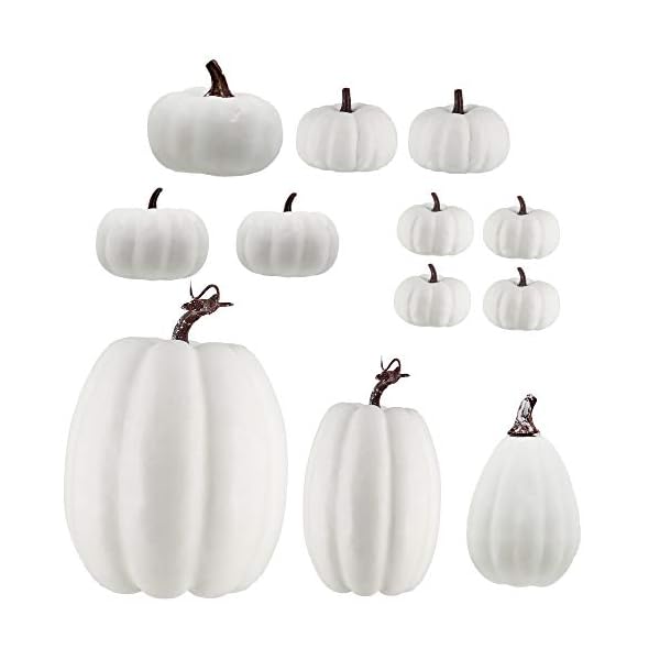 winemana 12 Pcs Thanksgiving Table Decorations Artificial Pumpkin, 6 Sizes Plastic Pumpkins Fall Friendsgiving Decoration for Fireplace Kitchen Party Harvest Day (White)