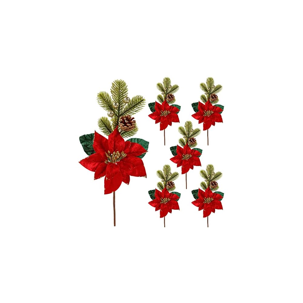 winemana 6 Pack 13.8'' Christmas Elegant Faux Evergreen Sprigs + Gold Globe & Red Flower Ornaments + Pine Cone + Green Poinsettia Leaf + Flowers in Clever Pine Cone Shape