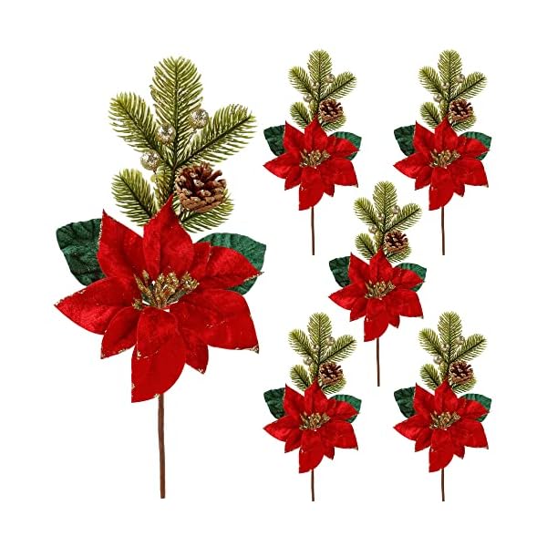 winemana 6 Pack 13.8'' Christmas Elegant Faux Evergreen Sprigs + Gold Globe & Red Flower Ornaments + Pine Cone + Green Poinsettia Leaf + Flowers in Clever Pine Cone Shape