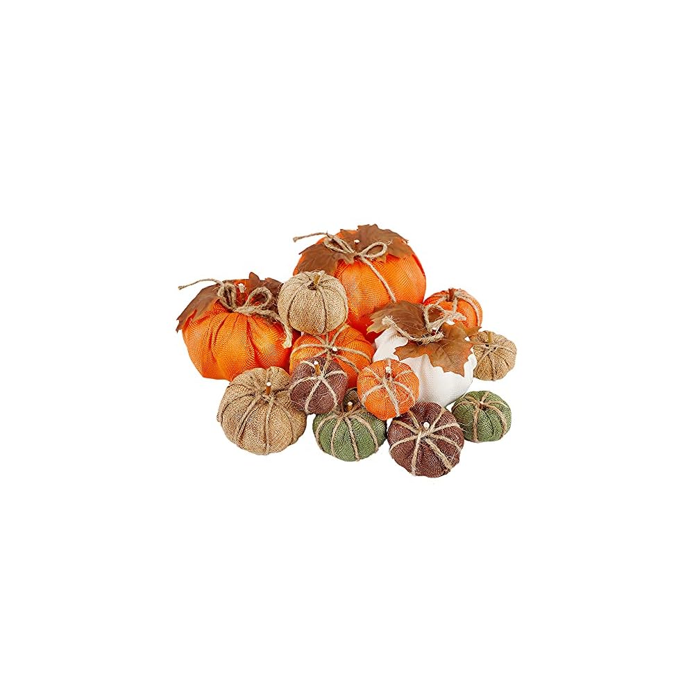 winemana Thanksgiving Decorations Artificial Pumpkins, Set of 12 Mixed Sizes Burlap Pumpkin with Leaves, Harvest Holiday Party Indoor Home Kitchen Props