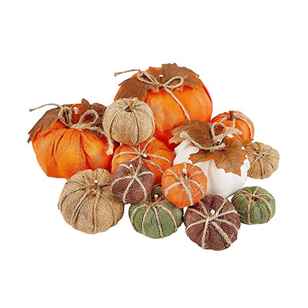 winemana Thanksgiving Decorations Artificial Pumpkins, Set of 12 Mixed Sizes Burlap Pumpkin with Leaves, Harvest Holiday Party Indoor Home Kitchen Props