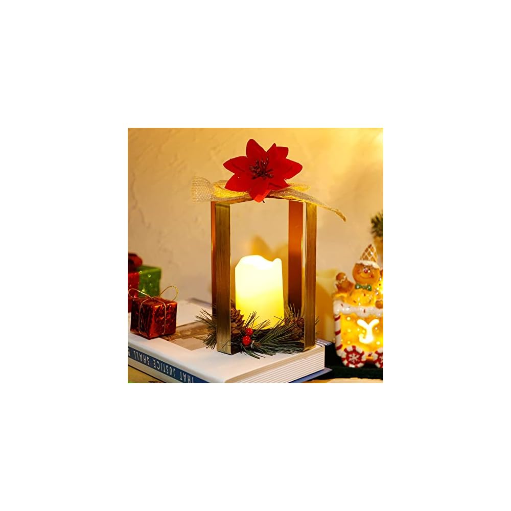 winemana Christmas LED Candle Lantern Lights, Poinsettia Candleholder with Flameless Candle, Battery Operated Lighted Christmas Tabletop Decorations for Home Kitchen Table Holiday Xmas Party