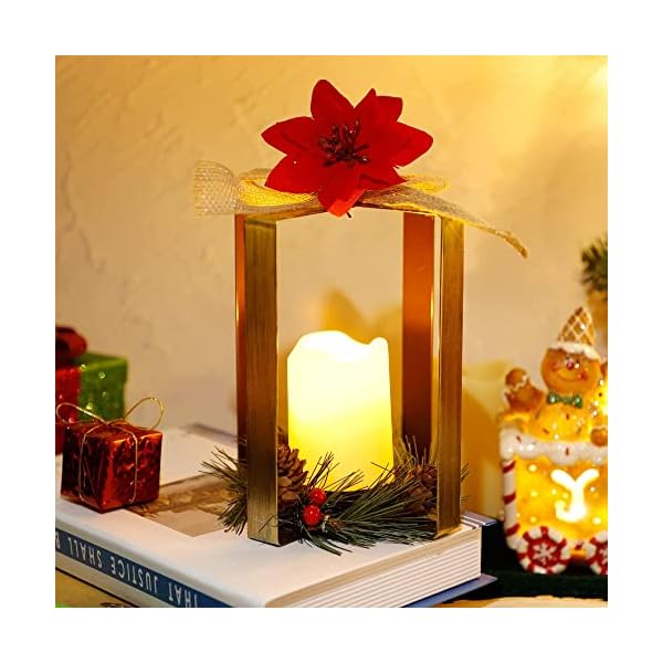 winemana Christmas LED Candle Lantern Lights, Poinsettia Candleholder with Flameless Candle, Battery Operated Lighted Christmas Tabletop Decorations for Home Kitchen Table Holiday Xmas Party