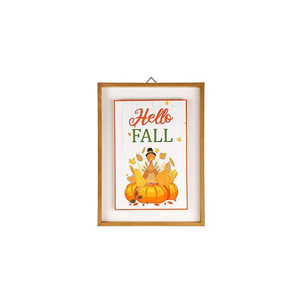 winemana Fall Wall Decor, Thanksgiving Decoration Hello Fall Sign, 15.4" x 11.4" Farmhouse Rustic Turkey Pumpkin Wooden Sign, Perfect for Porch Home Autumn Harvest Decor