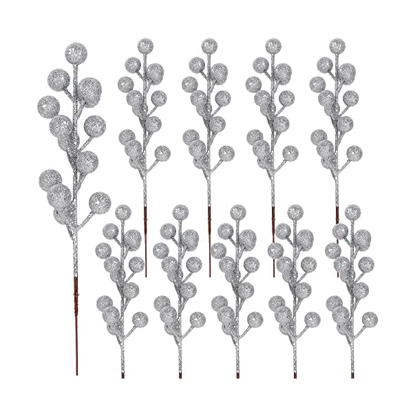 winemana 24 Pack 8 Inch Christmas Glitter Faux Winter Berry Sprigs, Artificial Sparking Red Berries Ornaments for Christmas Tree DIY Crafts Wreath Garland Decor (Silvery)