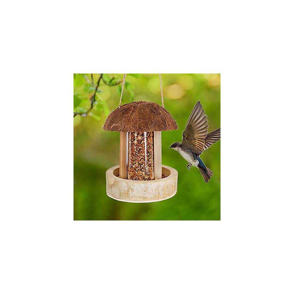winemana Hanging Bird Feeder, Natural Coconut Bamboo Birdhouse Attract Birds Decorations for Outdoor Garden Yard
