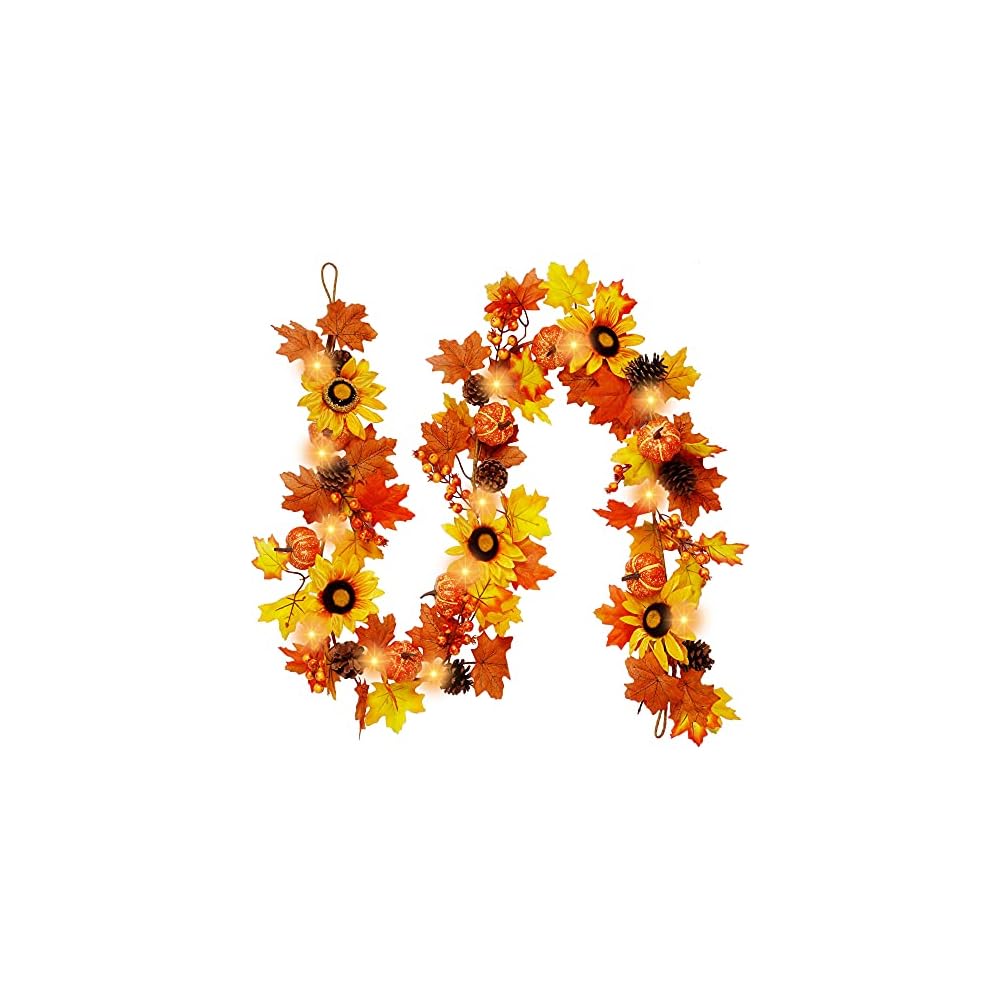 winemana Fall Maple Leaves Garland 50 LED Lights Thanksgiving & Friendsgiving Decorations, 6 Ft Hanging Vine Artificial Sunflower Pumpkin Decor for Fireplace Home Doorway Party Indoor Outdoor