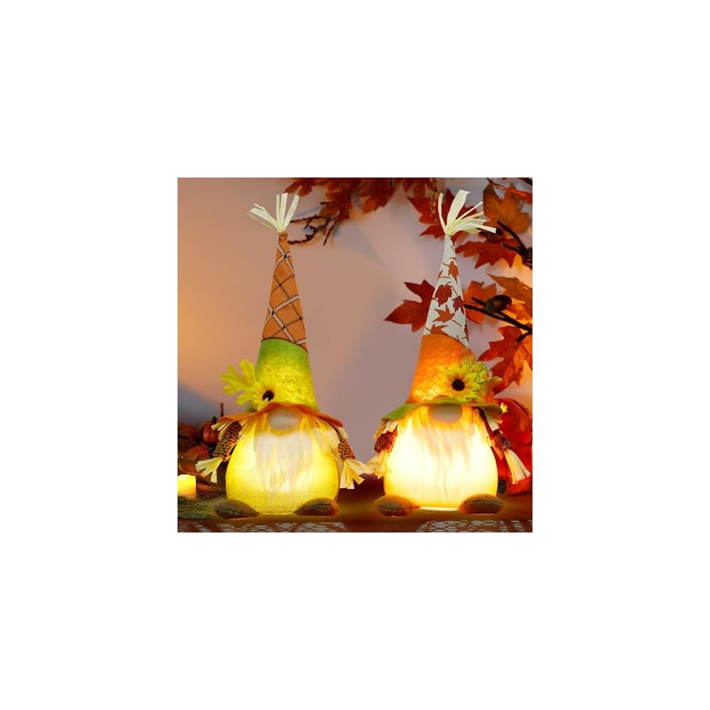 winemana Thanksgiving Decorations Set of 2 Gnomes with LED Lights, Swedish Tomte Gnomes Dwarf Tabletop Decor for Fall Harvest Home Kitchen Decor