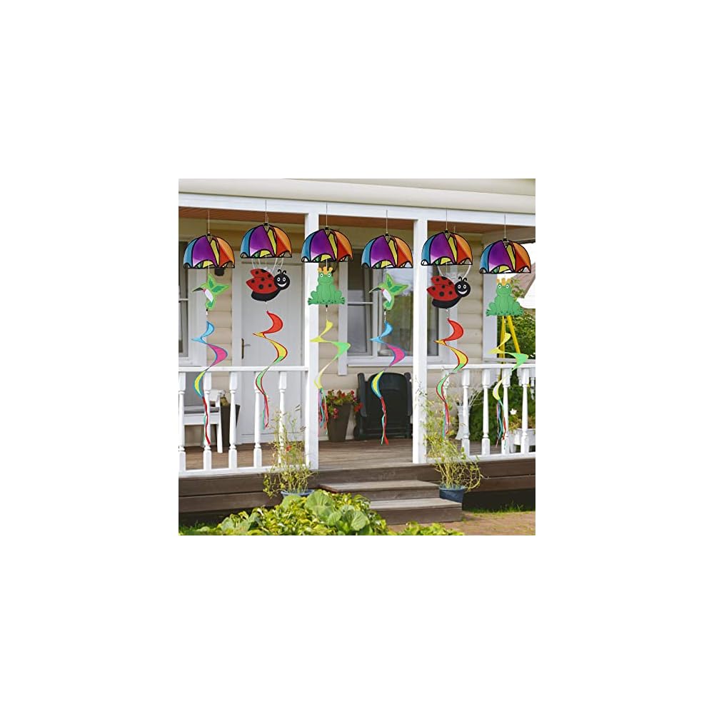winemana 4 FT Wind Spinner Spring Outdoor Decorations, Set of 6 Hanging Wind Spiral Hummingbird Frog Ladybug Wind Twister for Yard Garden Lawn Porch Decor