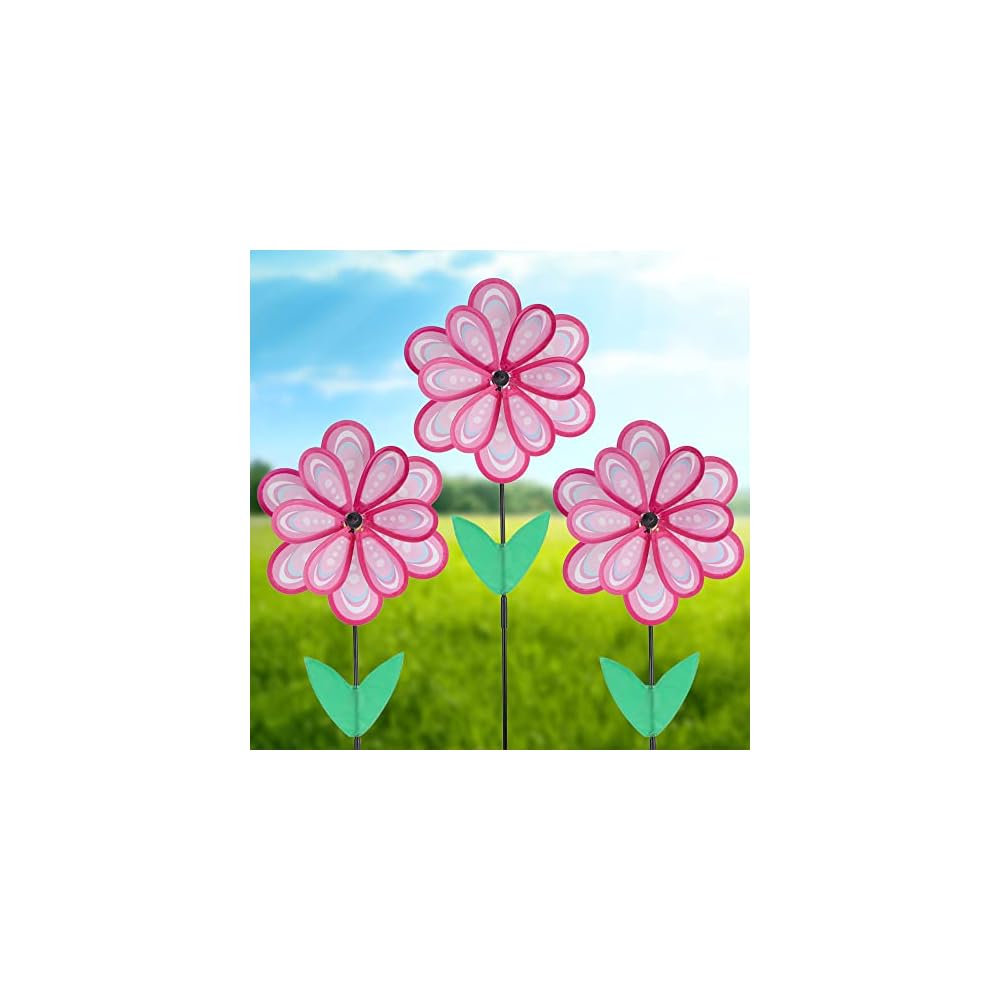 winemana Set of 3 Garden Wind Spinners, 35 Inch Flower Pinwheels for Garden and Yard Decor, Outdoor Windmill Flower Pinwheel Decorations for Outside Lawn Spring Decor