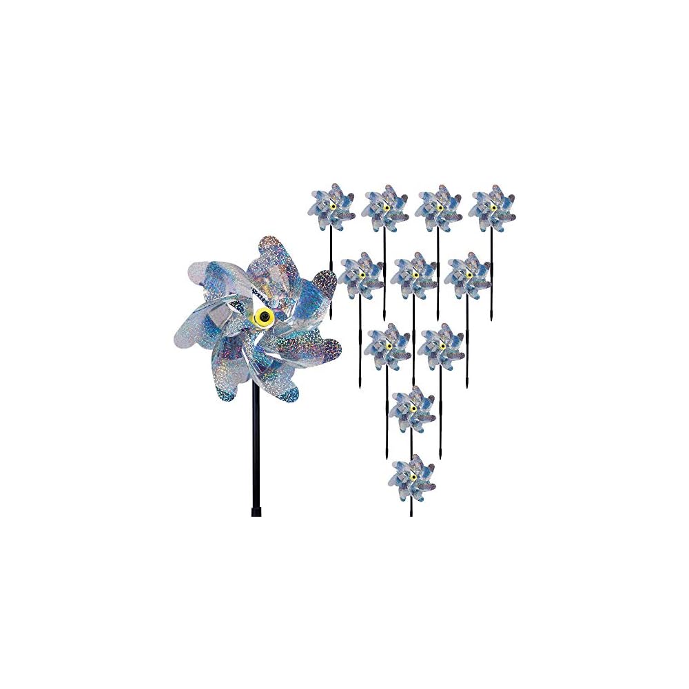 winemana 10 Pcs Reflective Pinwheels, 19 Inch Pinwheel with Garden Stakes Scare Birds for Garden Yard Lawn Farm Decor (Silvery)
