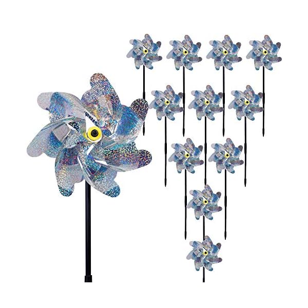 winemana 10 Pcs Reflective Pinwheels, 19 Inch Pinwheel with Garden Stakes Scare Birds for Garden Yard Lawn Farm Decor (Silvery)