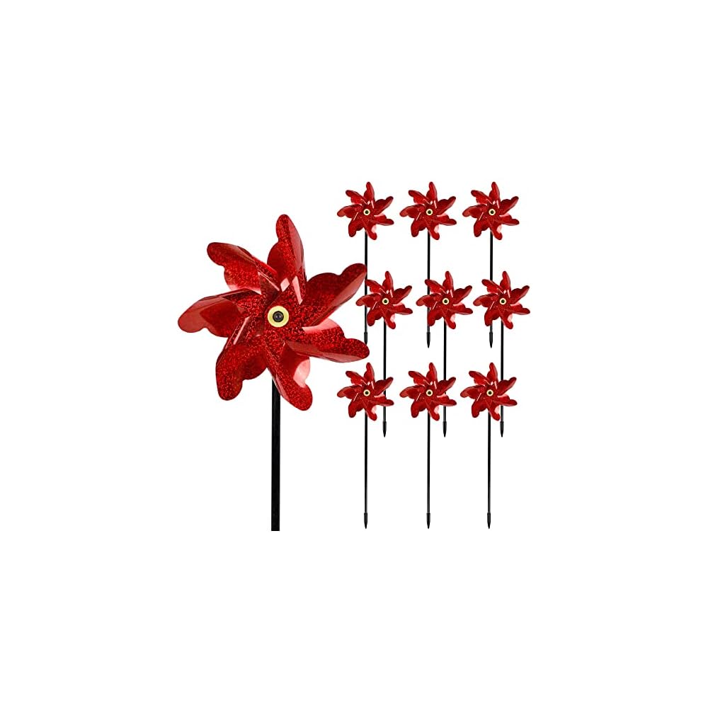 winemana 10 Pcs Reflective Pinwheels, 19 Inch Pinwheel with Garden Stakes Scare Birds for Garden Yard Lawn Farm Decor (Red)