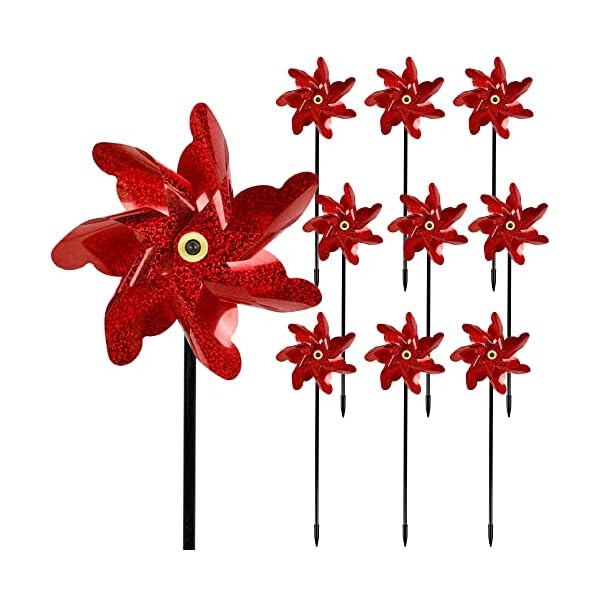 winemana 10 Pcs Reflective Pinwheels, 19 Inch Pinwheel with Garden Stakes Scare Birds for Garden Yard Lawn Farm Decor (Red)