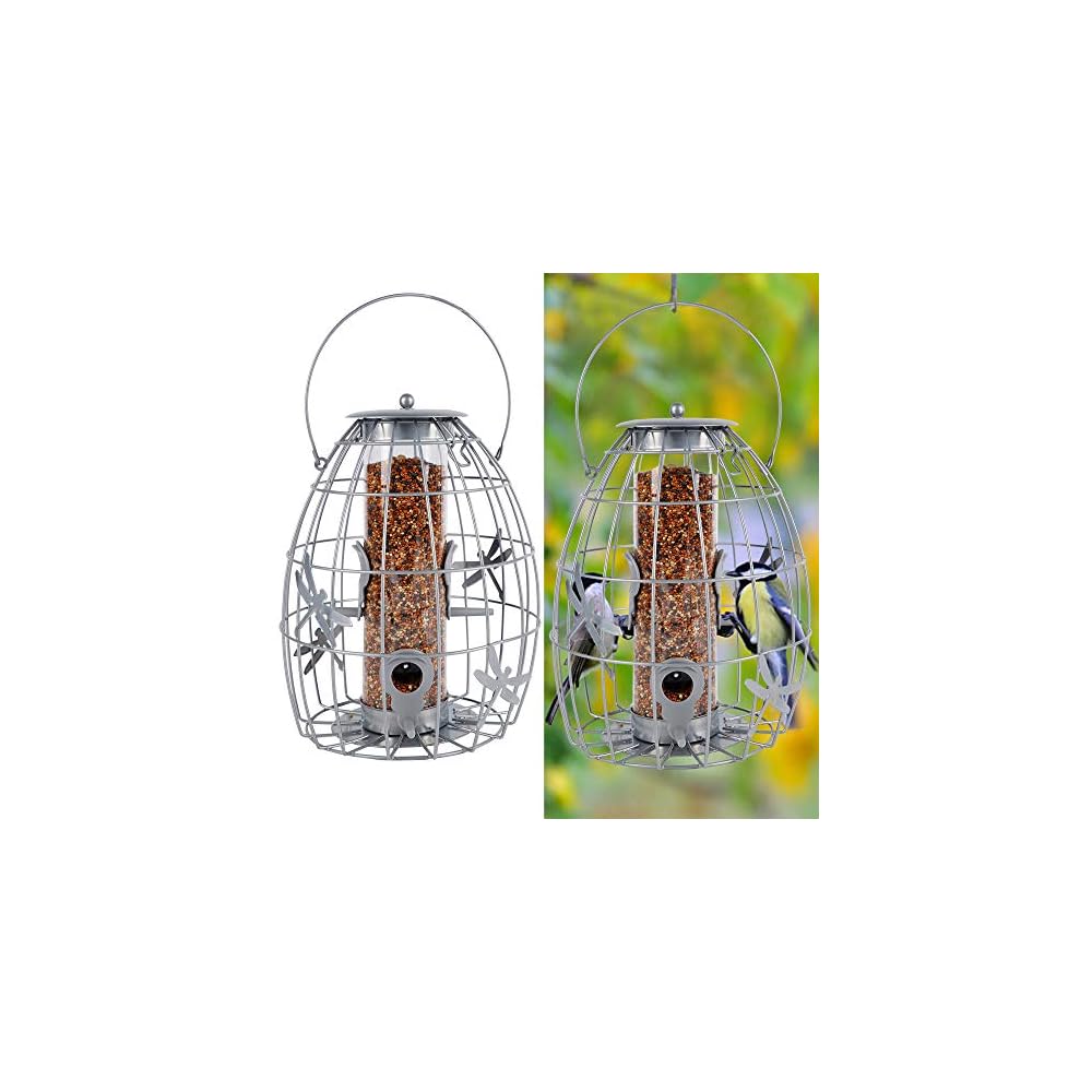 winemana Outdoor Hanging Wild Bird Feeder, Caged Tube Bird Feeder Outside, Can Be Filled with Seeds, Squirrel Proof with Large Metal Guard Cage for Small Birds Brome Finch Hummingbird, Silver