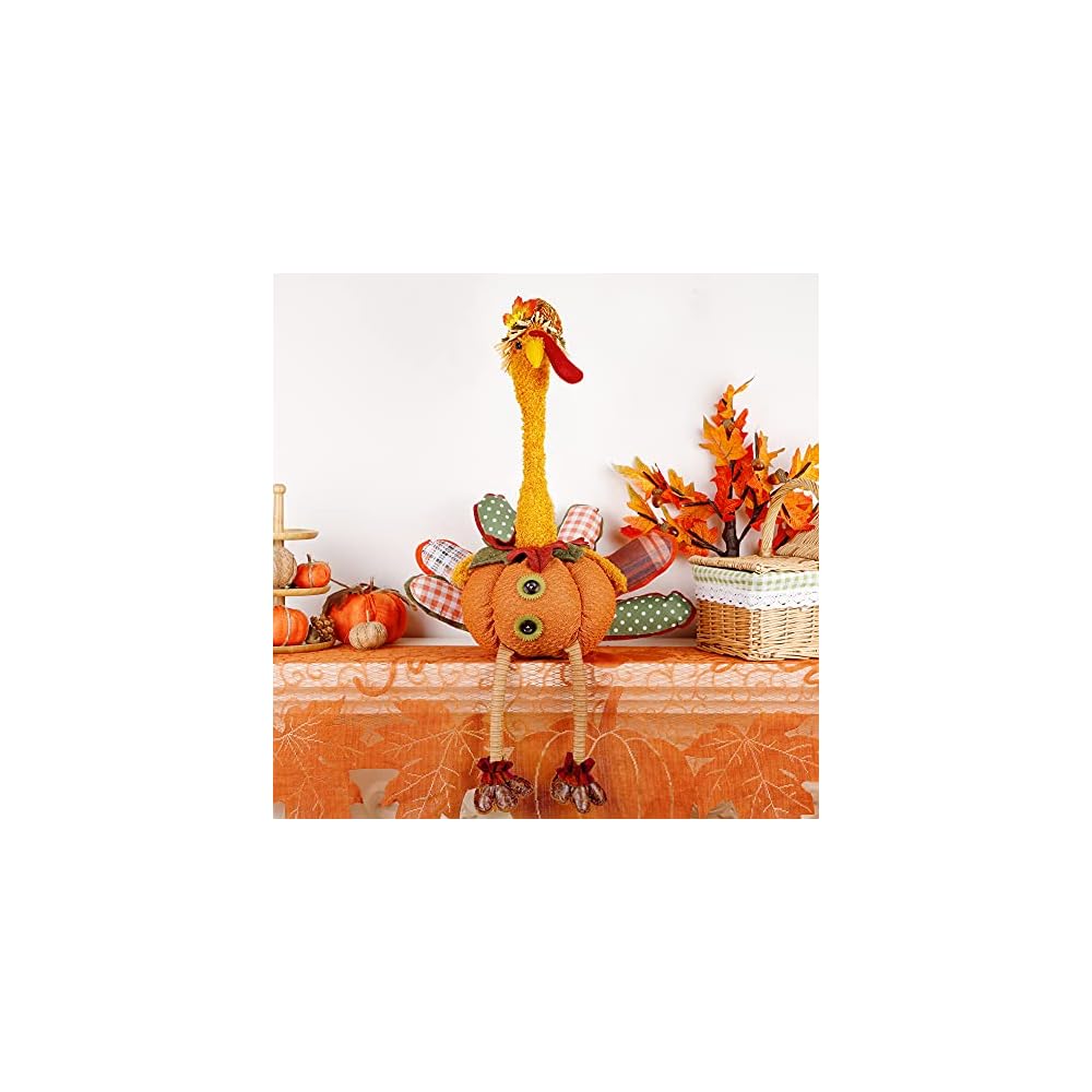 winemana Thanksgiving Tabletop Decorations 31.5" x 18.5" Turkey with Stretchable Head and Dangling Legs, Harvest Plush Turkey for Home Fall Decor (Hen)