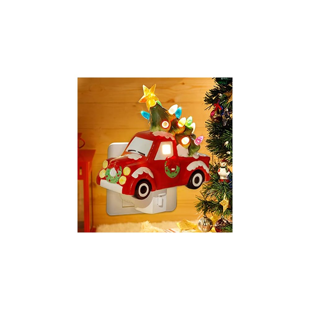 DR.DUDU Christmas Ceramic Night Light Red Truck with Christmas Tree, Decorative Xmas Nightlights with Multicolor Lights, Perfect for Home Bedroom Hallway Holiday Decor