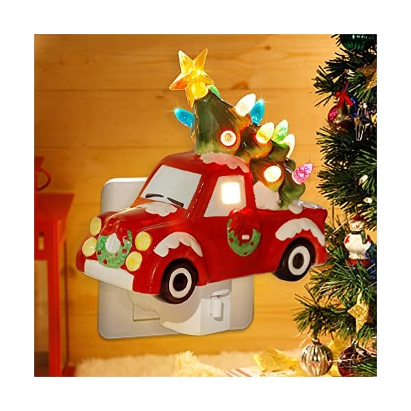 DR.DUDU Christmas Ceramic Night Light Red Truck with Christmas Tree, Decorative Xmas Nightlights with Multicolor Lights, Perfect for Home Bedroom Hallway Holiday Decor