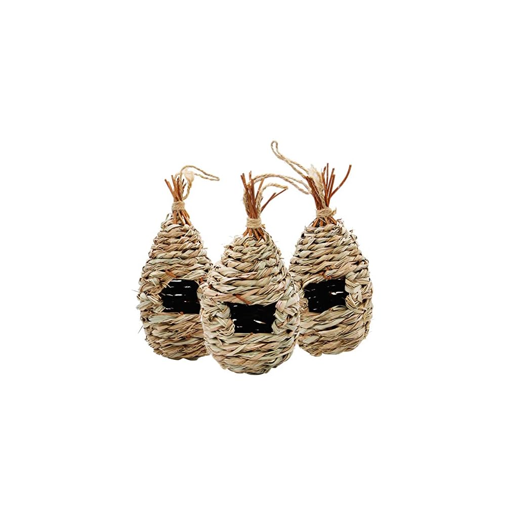 winemana Hand Woven Hummingbird House, Set of 3 Bird Hut 9" x 4", Outside Grass Hanging Bird Hut, Natural Hummingbird Nest for Outdoor.