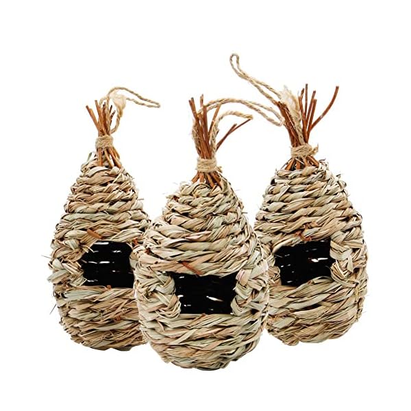winemana Hand Woven Hummingbird House, Set of 3 Bird Hut 9" x 4", Outside Grass Hanging Bird Hut, Natural Hummingbird Nest for Outdoor.