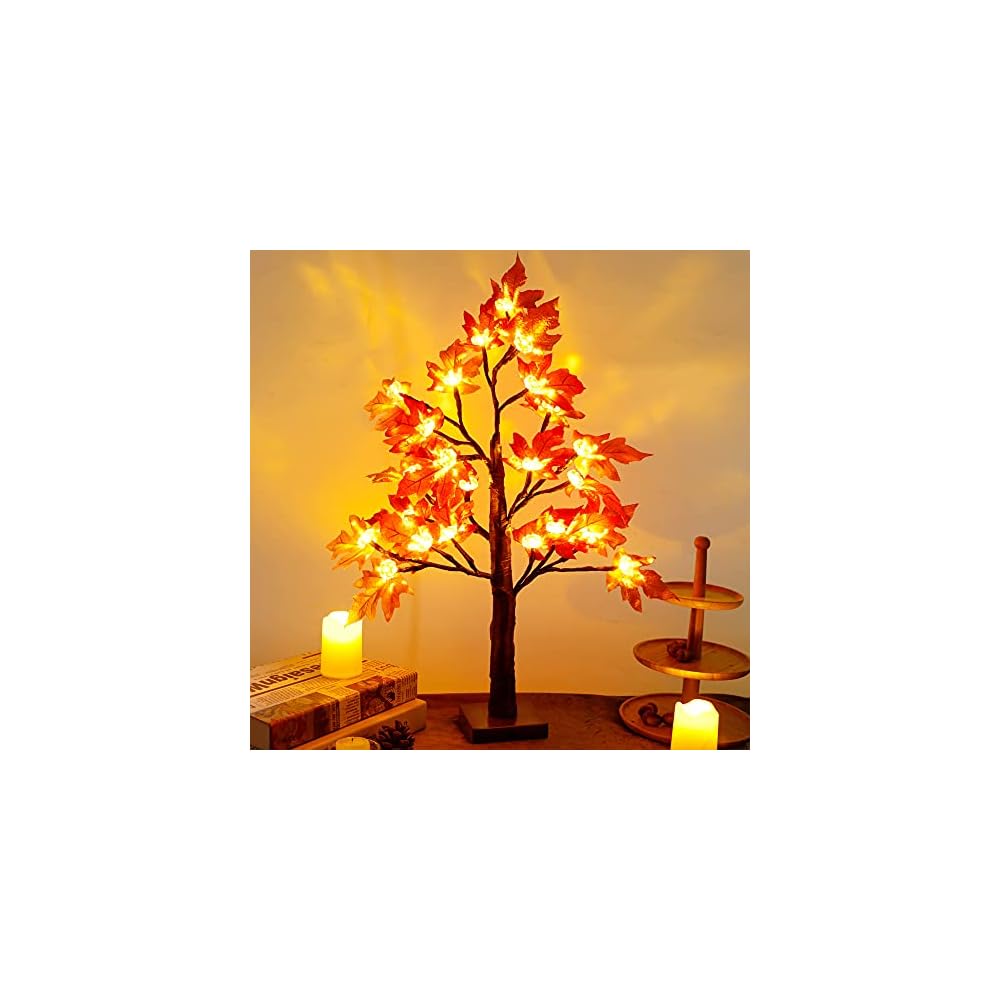 winemana 22 Inch Thanksgiving Artificial Maple Tree with Pumpkin LED Lights and Timer Harvest Autumn Fall Décor for Home Kitchen Table Centerpieces