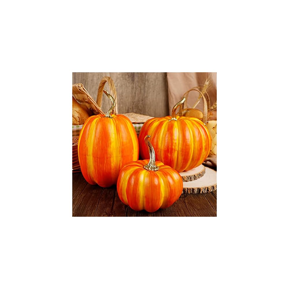 winemana 3 Pcs Thanksgiving Decorations Large Artificial Pumpkins, Orange Rustic Tabletop Centerpieces, Friendsgiving Decorations for Home Kitchen Table Fall Harvest Season
