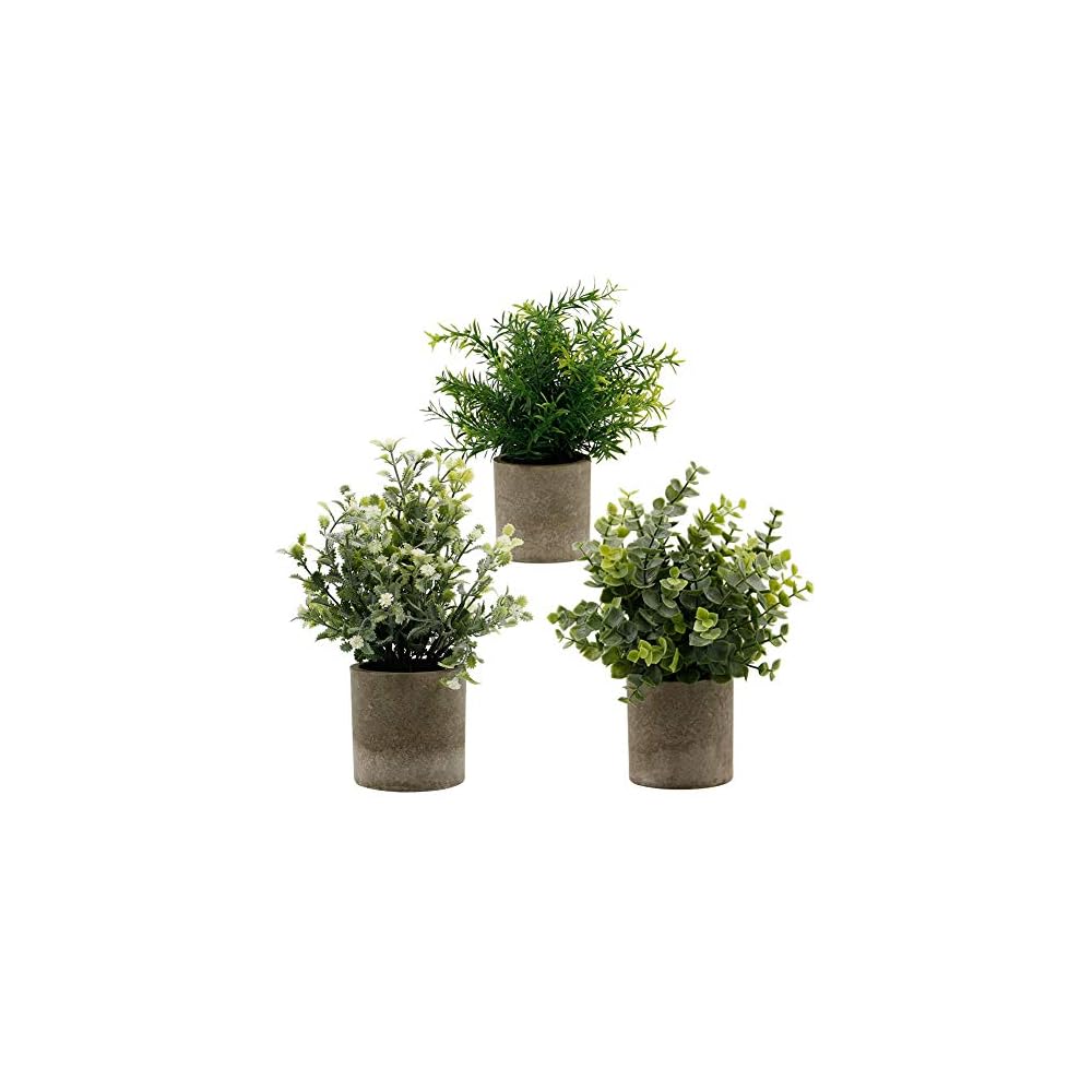 Zcaukya Small Potted Artificial Plants, Artificial Eucalyptus Plants Fake Rosemary 9.5" Plastic Greenery Plants for Home Office Garden Decor, Indoor & Outdoor, Set of 3 (White)