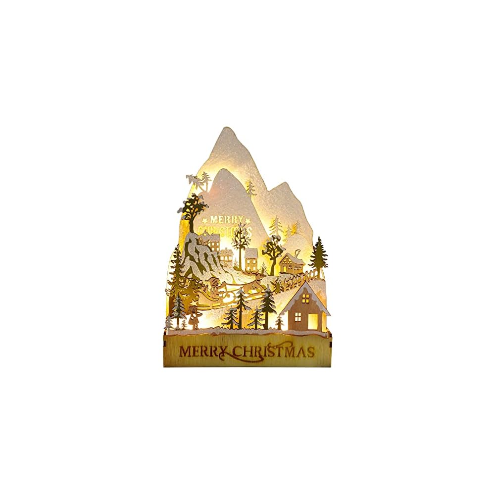 winemana Christmas Lighted Table Decorations, 9.4" x 6.7" Merry Christmas Snowy Village, Battery-Operated Wooden Tabletop Ornaments for Home Kitchen Fireplace Office Desk Indoor Holiday Decor