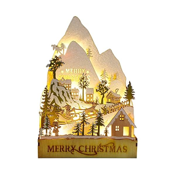 winemana Christmas Lighted Table Decorations, 9.4" x 6.7" Merry Christmas Snowy Village, Battery-Operated Wooden Tabletop Ornaments for Home Kitchen Fireplace Office Desk Indoor Holiday Decor