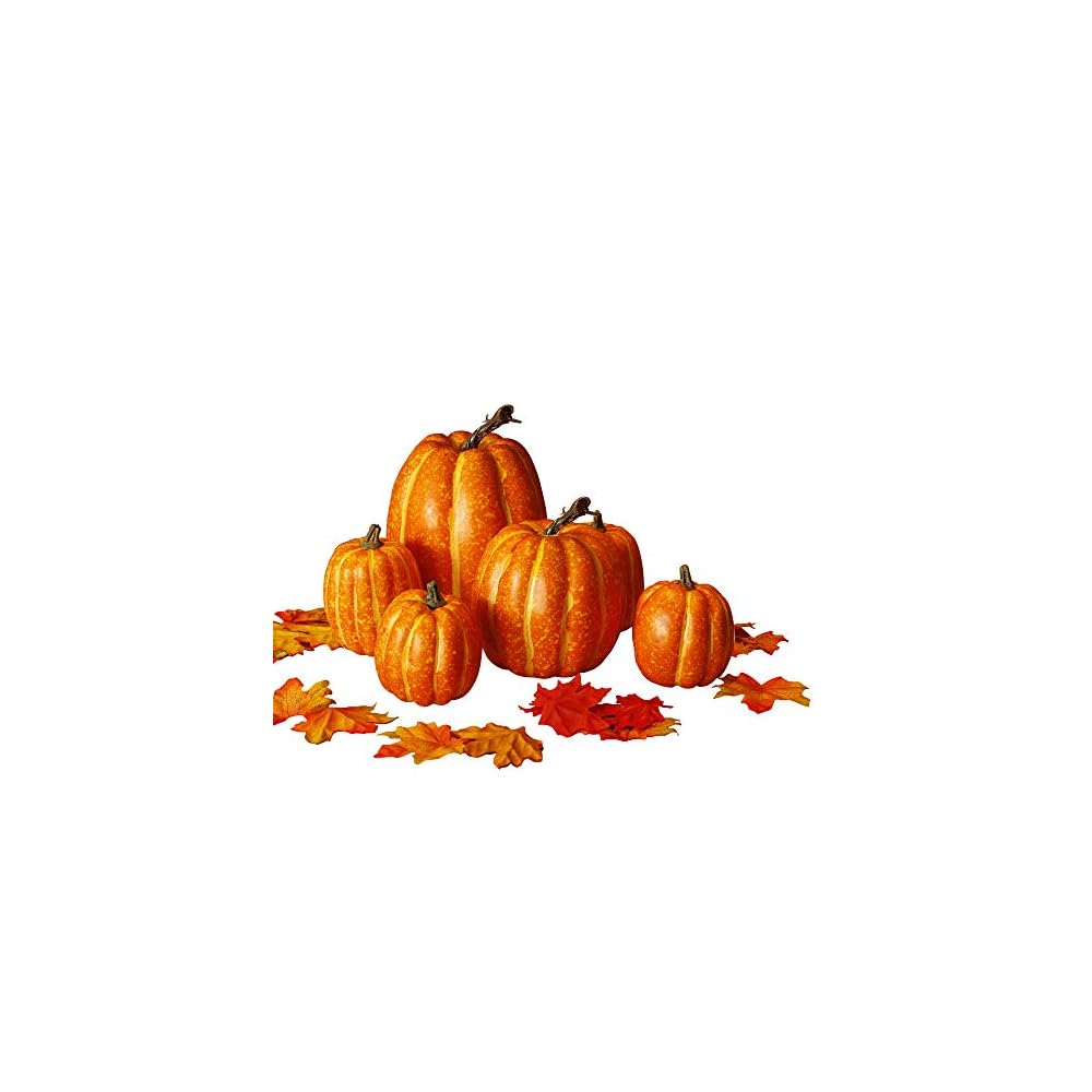 winemana Thanksgiving Decorations Artificial Pumpkins, Realistic Foam Yellow Pumpkin with 100 pcs Maple Leaves Made of Cloth, Fall Decorations for Home Kitchen Table Indoor Outdoor