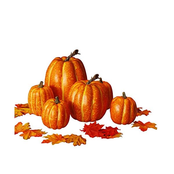winemana Thanksgiving Decorations Artificial Pumpkins, Realistic Foam Yellow Pumpkin with 100 pcs Maple Leaves Made of Cloth, Fall Decorations for Home Kitchen Table Indoor Outdoor