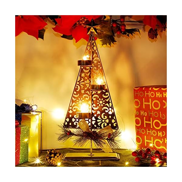 winemana Tea Light Candle Holders, Christmas Decoration Xmas Tree Metal Tealights Candleholder with Pinecones, Christmas Tabletop Centerpieces for Home Kitchen Fireplace Mantle Holiday Party Decor