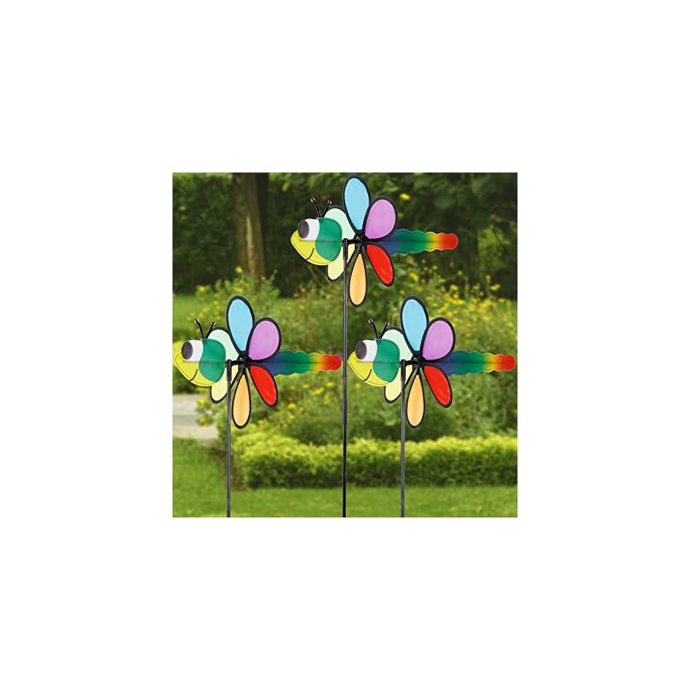 winemana 3 Pcs Garden Decor Wind Spinner, 35 Inch 3D Dragonfly Pinwheels Windmill with Garden Stakes, Outdoor Pinwheel for Yard Garden Lawn Spring Party Decorations