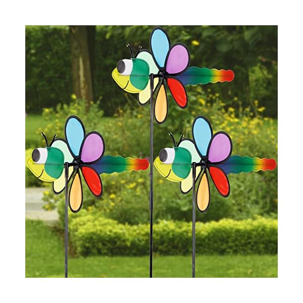 winemana 3 Pcs Garden Decor Wind Spinner, 35 Inch 3D Dragonfly Pinwheels Windmill with Garden Stakes, Outdoor Pinwheel for Yard Garden Lawn Spring Party Decorations