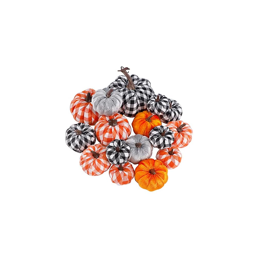 winemana 16 Pack Thanksgiving Decorations Artificial Pumpkins, Fabric Assorted Sizes Plaid Black White Orange Fall Decorations for Home Kitchen Table Indoor Friendsgiving Party Outdoor Yard