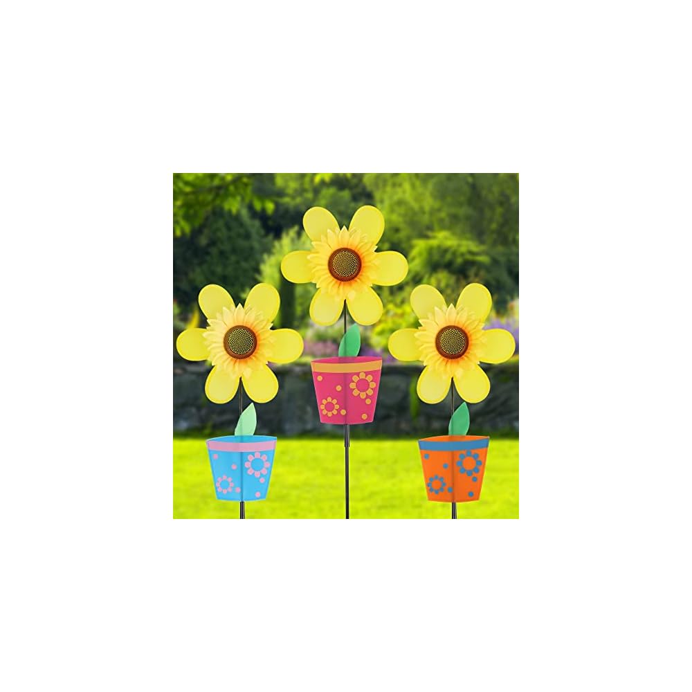 winemana Set of 3 Garden Wind Spinners, 34 Inch Sunflower Pinwheels for Garden and Yard, Outdoor Windmill Flower Pinwheel Decorations for Outside Lawn Spring Decor