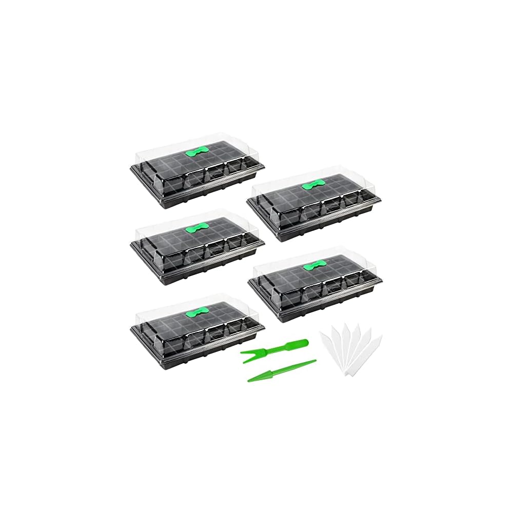 winemana 5 Set Seed Starter Trays with Humidity Dome, 200 Cell Grow Trays Seedlings Plant Staring Trays with Labels, Garden Propagator Set, Mini Greenhouse Germination Kit for Seed Growing