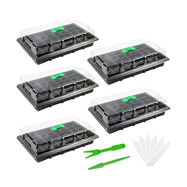 winemana 5 Set Seed Starter Trays with Humidity Dome, 200 Cell Grow Trays Seedlings Plant Staring Trays with Labels, Garden Propagator Set, Mini Greenhouse Germination Kit for Seed Growing