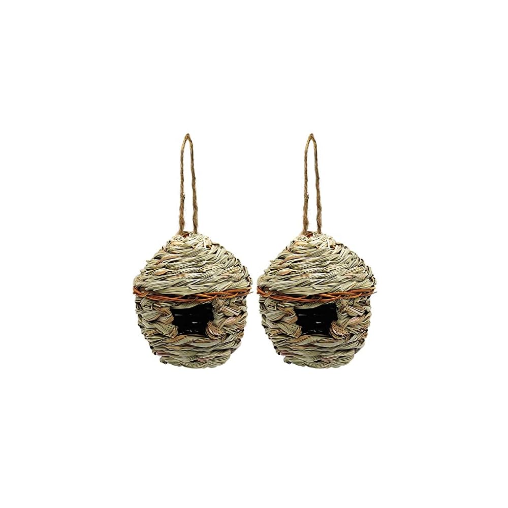 winemana Grass Hand Woven Birdhouse, Outside Grass Hanging Bird Hut, Natural Hummingbird Nest for Outdoor, 2 Pack (Reed)