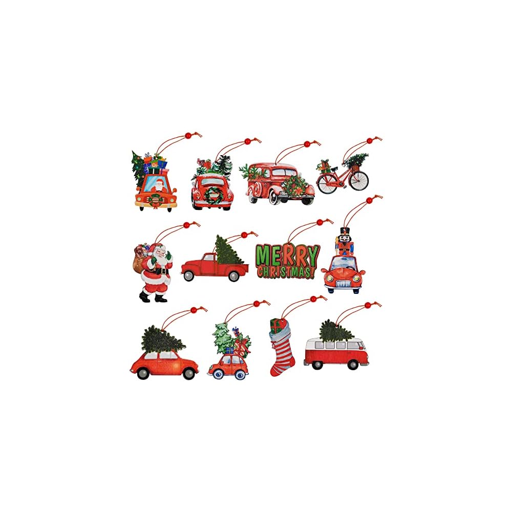 winemana Christmas Tree Ornaments Red Truck, 12 Pcs Hanging Wooden Ornament Set, Santa Claus Merry Christmas Car Vintage Crafts for Xmas Tree Garland Decorations