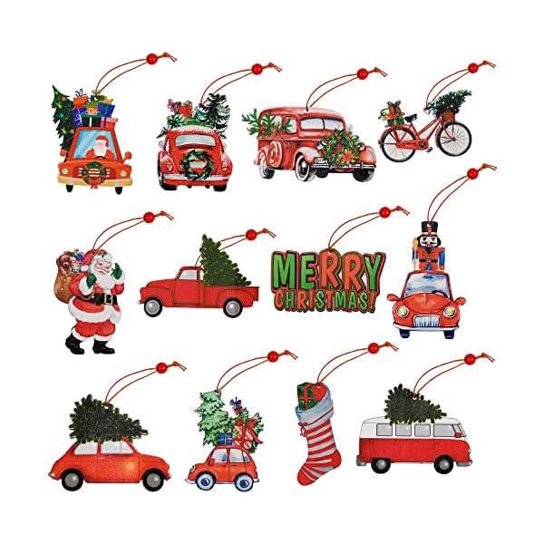winemana Christmas Tree Ornaments Red Truck, 12 Pcs Hanging Wooden Ornament Set, Santa Claus Merry Christmas Car Vintage Crafts for Xmas Tree Garland Decorations