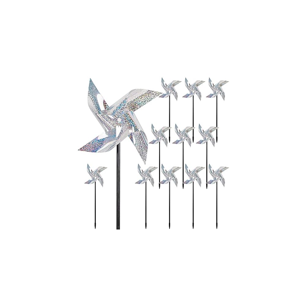 winemana 12 Pcs Reflective Pinwheels, 19 Inch Pinwheel with Stakes, Keep Birds Away Scare Bird Pinwheels for Garden Lawn Yard Backyard Farm Decor (Silvery)