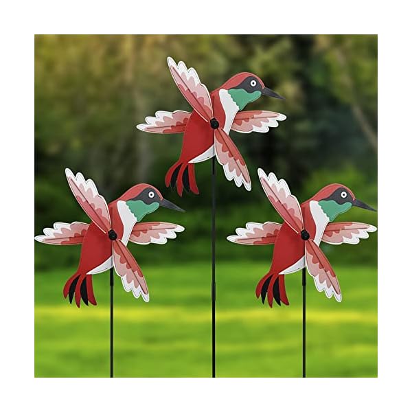winemana 3 Pcs Garden Decor Pinwheels, 43 Inch Hummingbird Wind Spinner with Garden Stakes, Large Decorative Pinwheels Windmill for Garden Yard Lawn Backyard Outdoor Decorations