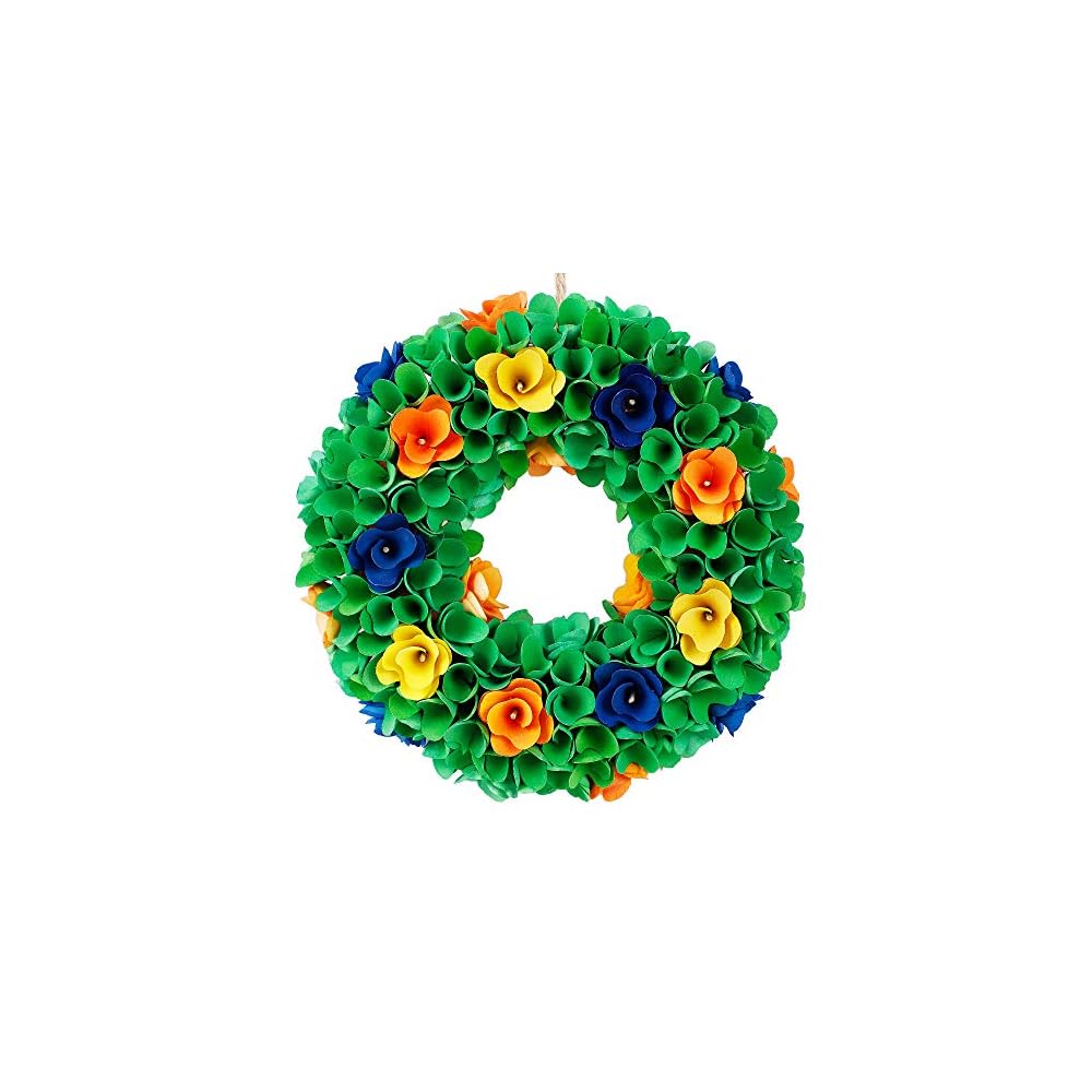 winemana Spring Wreath, Made of Piece of Wood, 13in Artificial Wreath with Leaves and Colorful Flower, for Front Door, Windows, Walls, Corridors