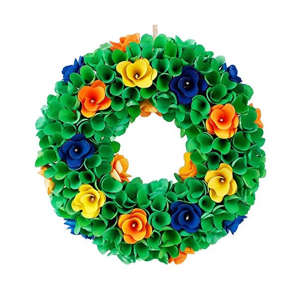 winemana Spring Wreath, Made of Piece of Wood, 13in Artificial Wreath with Leaves and Colorful Flower, for Front Door, Windows, Walls, Corridors