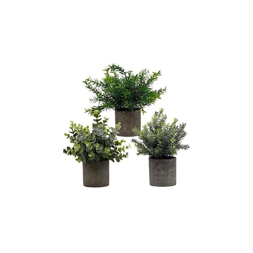 Zcaukya Small Potted Artificial Plants, Artificial Eucalyptus Plants Fake Rosemary 9.5" Plastic Greenery Plants for Home Office Garden Decor, Indoor & Outdoor, Set of 3
