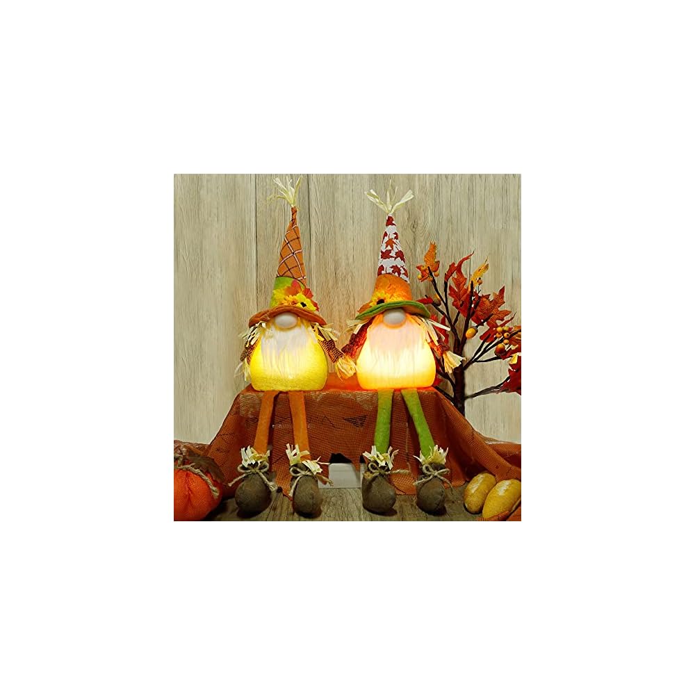 winemana Thanksgiving Tabletop Decorations Set of 2 Gnomes with Lights, Fall Swedish Tomte Dwarf Figurine for Home Kitchen Fireplace (25.6" x 8")