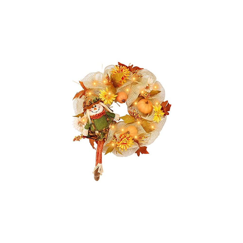 winemana 18 Inch Thanksgiving Wreath with Scarecrow Pumpkin Artificial Flowers Maple Leaves Berry, Front Door LED Lights Ribbon Wreath Fall Autumn Decorations for Indoor Outdoor