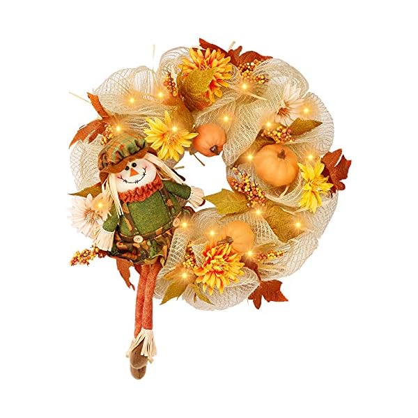 winemana 18 Inch Thanksgiving Wreath with Scarecrow Pumpkin Artificial Flowers Maple Leaves Berry, Front Door LED Lights Ribbon Wreath Fall Autumn Decorations for Indoor Outdoor
